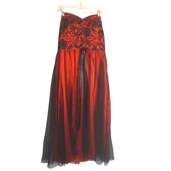 Whimsigoth Strapless Gown Corset Bridal Red & Black Lace Netting 20 / 22 - Picture 1 of 16